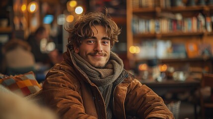 Fototapeta premium A young man with curly hair and a scarf smiles warmly in a cozy café setting.