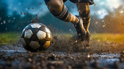 Gritty soccer football kick, intense play mud field dirty, determined rain ground grunge sport, competitive rugged dynamic, energetic passionate athletic