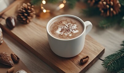 A Cup of Hot Chocolate Surrounded by Festive Decor, Generative AI 