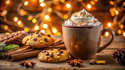 Fototapeta premium A mug of hot cocoa topped with whipped cream and cinnamon sits beside two chocolate chip cookies and cinnamon sticks on a rustic wooden table with twinkling lights in the background.