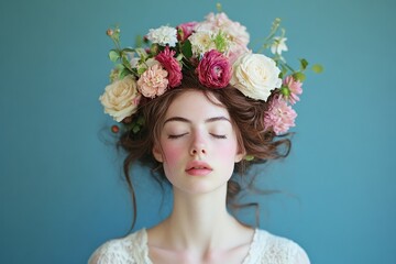 A beautiful woman with a crown of flowers in her hair, a surreal portrait symbolizing nature, beauty, femininity, grace, and tranquility.
