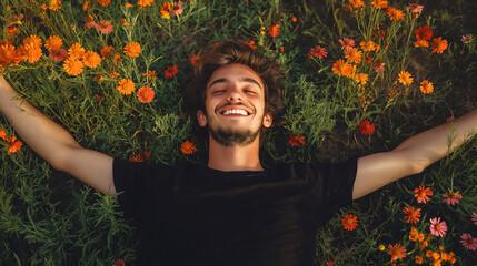 Peaceful man lying nature, tranquil field top view carefree freedom, serene meadow grass summer lifestyle, relaxing cheerful joyful, blissful carefree restful