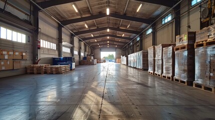 Obraz premium Spacious and well lit industrial warehouse interior filled with rows of shelving units and stacked cargo pallets depicting a large scale logistics and distribution facility