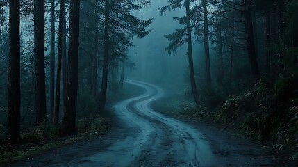 Fototapeta premium Winding road through the misty forest a serene