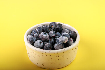 blueberries in a white bowl on a yellow background isolate