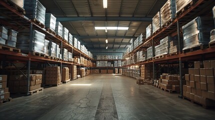 Fototapeta premium Vast expansive interior of a warehouse facility with rows of shelving units full of various packages boxes and merchandise