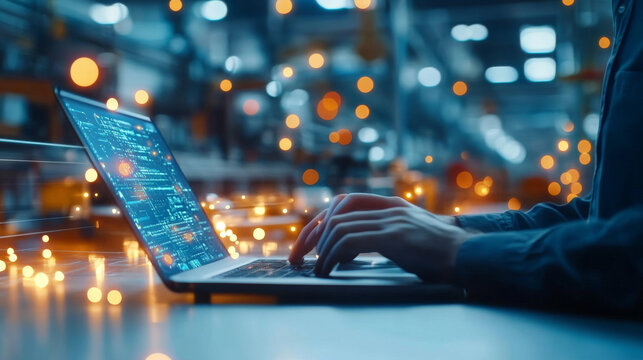 A person is working on laptop in modern workspace, surrounded by vibrant atmosphere filled with soft glowing lights. screen displays complex data and coding, reflecting tech savvy environment