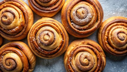 Fototapeta premium A close-up view of six freshly baked cinnamon rolls, with a delicate dusting of powdered sugar on top, arranged in a circular pattern on a grey background.