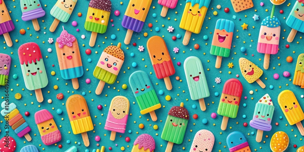 Poster A whimsical pattern of colorful popsicles with happy faces scattered on a turquoise background with sprinkles, candy, and flowers.