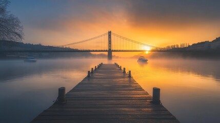 Obraz premium Misty Morning Sunrise Over Bridge and Pier.