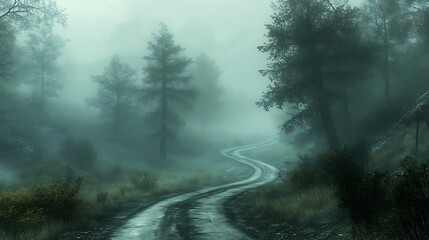 Obraz premium Winding road through the misty forest a serene