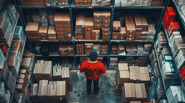 Overhead view of a large industrial warehouse interior filled with neatly stacked storage boxes shelves and racking systems for efficient inventory management goods distribution