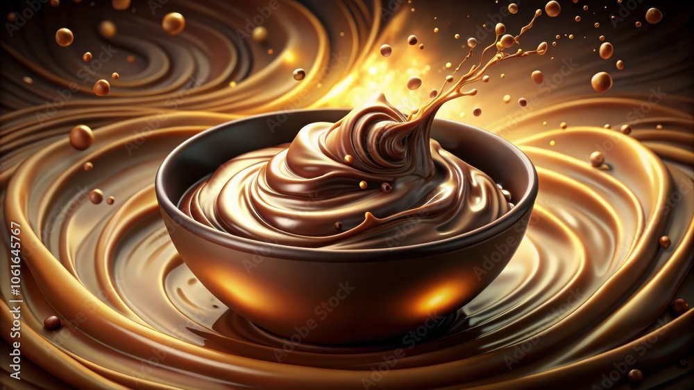 Poster a bowl of rich chocolate with a swirling stream of melted chocolate and droplets splashing around it