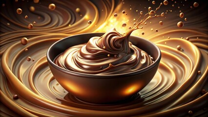 A bowl of rich chocolate with a swirling stream of melted chocolate and droplets splashing around...