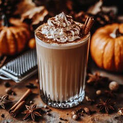 Pumpkin spice latte with whipped cream in autumnal setting