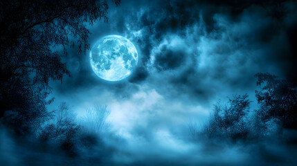 Full moon illuminating a dark, cloudy night sky with dense blue fog. Halloween background , nighttime ambiance, lunar light concept, gothic aesthetic, eerie atmosphere.