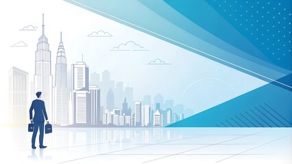 Businessman Looking at City Skyline with Blue Abstract Geometric Background - Modern Business Concept Illustration