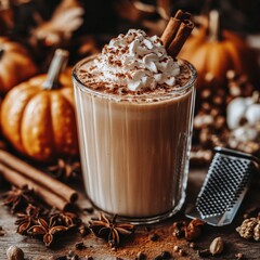 Pumpkin spice latte with whipped cream in autumnal setting