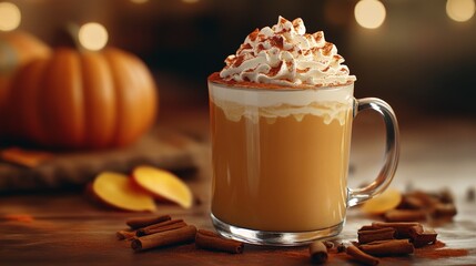 Pumpkin spice latte with whipped cream in autumnal setting