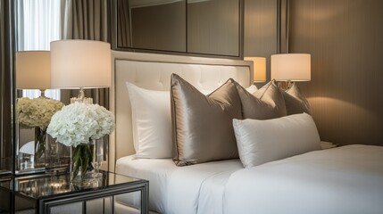 Luxurious Hotel Bedroom with White Bedding and Pillows.