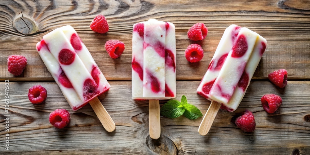 Poster three homemade raspberry popsicles on wooden background with fresh raspberries and a sprig of mint