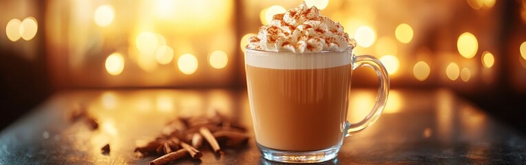 Pumpkin spice latte with whipped cream in autumnal setting