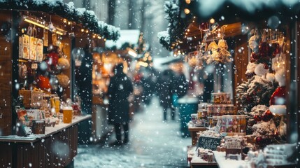 Fototapeta premium Christmas market filled with stalls selling warm drinks, ornaments, and gifts, covered in snow. Festive winter scene with cozy holiday vibes.