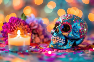 A sugar skull with a candle lit on a table, perfect for Dia de los Muertos or Halloween decorations
