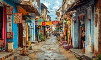 Colorful shops line a narrow cobblestone street.