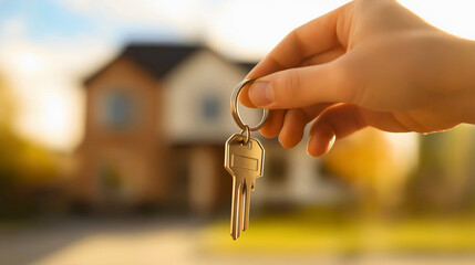 Momentous holding hand home, significant house key copy space purchase, milestone property residential buyer realtor, investment celebratory ownership, financial promising secure