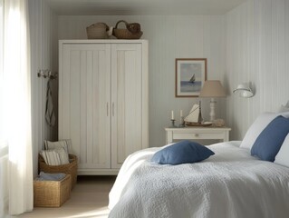 White bedroom with a nautical theme.