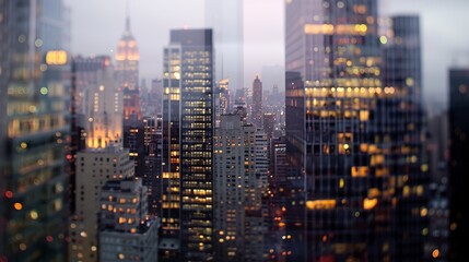 Obraz premium Skyscrapers pierce the misty skyline in a cityscape reflecting a sea of lights, creating a captivating urban dreamscape.