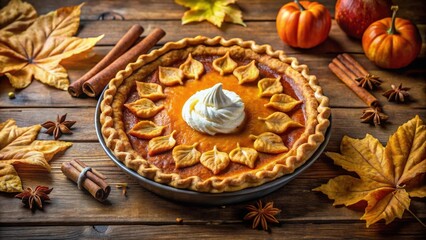 Pumpkin Pie with Whipped Cream, Fall Foliage, Cinnamon Sticks and Star Anise on Rustic Wooden Table