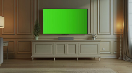 Modern living room featuring a large green screen TV, stylish furniture, and elegant decor for immersive viewing experiences