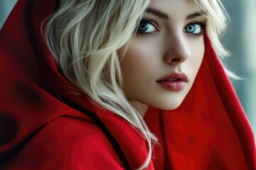 A person wearing a bright red hoodie looks straight into the camera, with a neutral expression