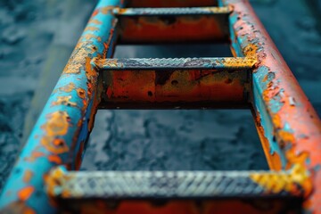 A metal ladder leaning against the side of a calm body of water, perfect for use in scenic or architectural photography