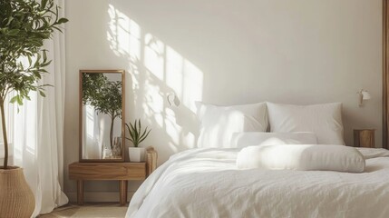 Fototapeta premium Minimalist Bedroom Interior Design with Natural Light and White Bedding.