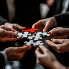 Collaborative teamwork solving puzzle problem during business meeting