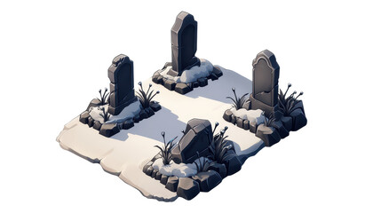 Haunted graveyard, cracked tombstones 3D texture, gaming texture isolated on transparent or white background, png