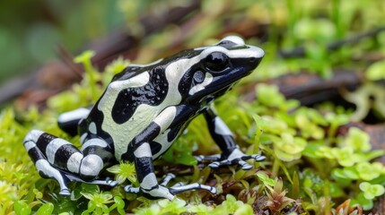 Fototapeta premium A black and white frog perched on top of lush green moss, perfect for environmental or nature-inspired designs