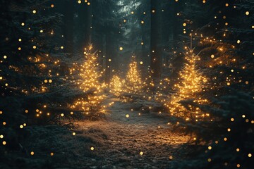 The Christmas tree decorated with lights is all glowing at night