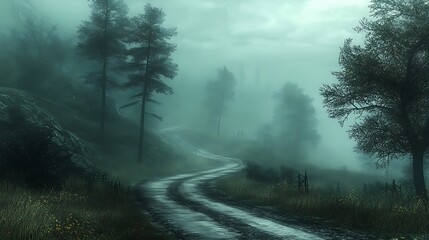 Obraz premium Winding road through the misty forest a serene