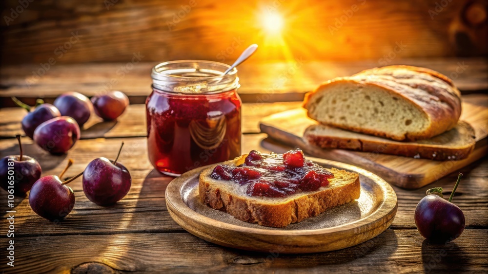 Aufkleber a rustic breakfast scene with a slice of bread topped with homemade fruit jam, surrounded by plump p