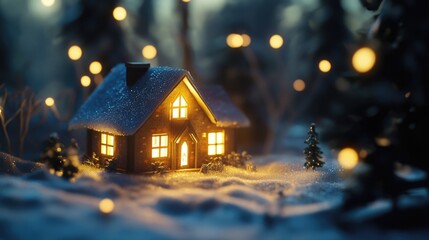 A small house surrounded by snow-covered trees in a winter forest