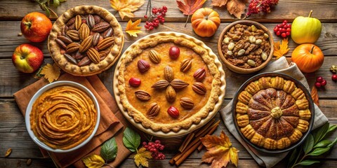 Autumnal Delights A Rustic Table Setting with Pecan Pies, Pumpkin Pie, Sweet Potato Filling, and Fall Decorations