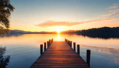 Obraz premium magic sunrise over the lake with old wooden jetty