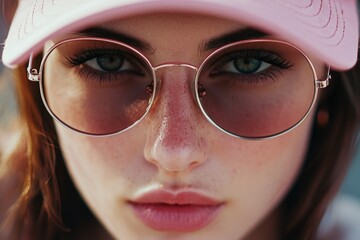 A close-up view of a person wearing a hat and glasses, ideal for use in portraits or as a character reference