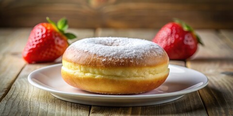 A single, glazed donut sits on a white plate next to two strawberries on a wooden table