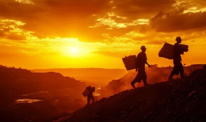 Silhouetted figures carrying loads against fiery sunset.