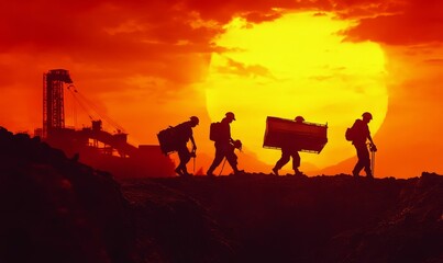Silhouettes of four people against a red sunset.